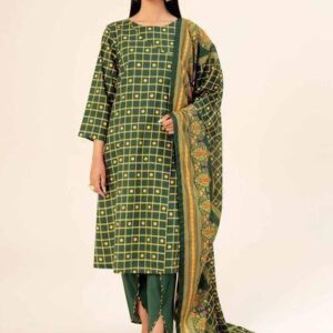 3 Pcs Women's Unstitched Lawn Printed Suit – Elegant Green for Everyday Grace