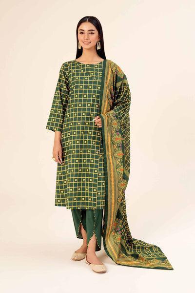 3 Pcs Women's Unstitched Lawn Printed Suit – Elegant Green for Everyday Grace