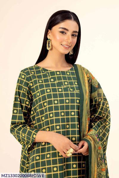 3 Pcs Women's Unstitched Lawn Printed Suit – Elegant Green for Everyday Grace