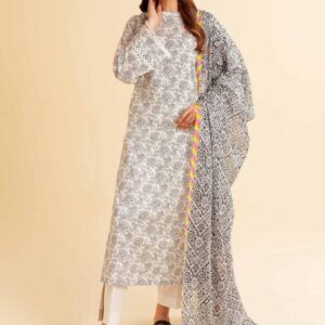 3 Pcs Women's Unstitched Lawn Printed Suit – Elegant Grey with Soft Lawn Fabric