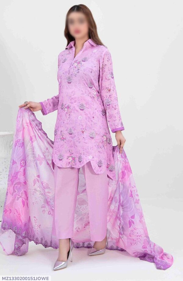 3 Pcs Women's Unstitched Lawn Printed Suit – Elegant Lilac Design for All Occasions