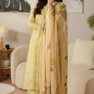 3 Pcs Women's Unstitched Lawn Embroidered Suit – Elegant Yellow with Digital Printed Dupatta