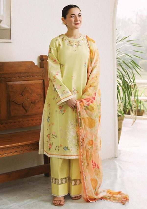 3 Pcs Women's Unstitched Embroidered Lawn Suit – Elegant Yellow with Digital Print Dupatta