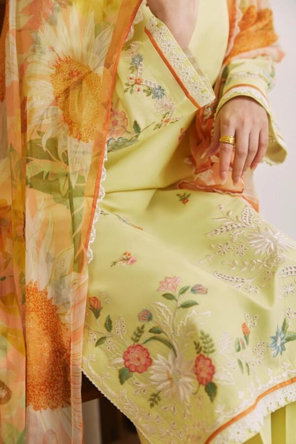 3 Pcs Women's Unstitched Embroidered Lawn Suit – Elegant Yellow with Digital Print Dupatta