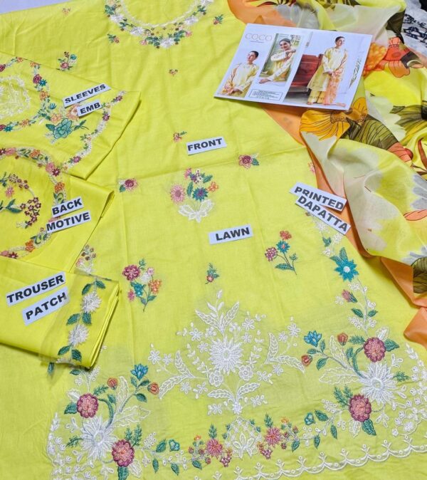 3 Pcs Women's Unstitched Embroidered Lawn Suit – Elegant Yellow with Digital Print Dupatta