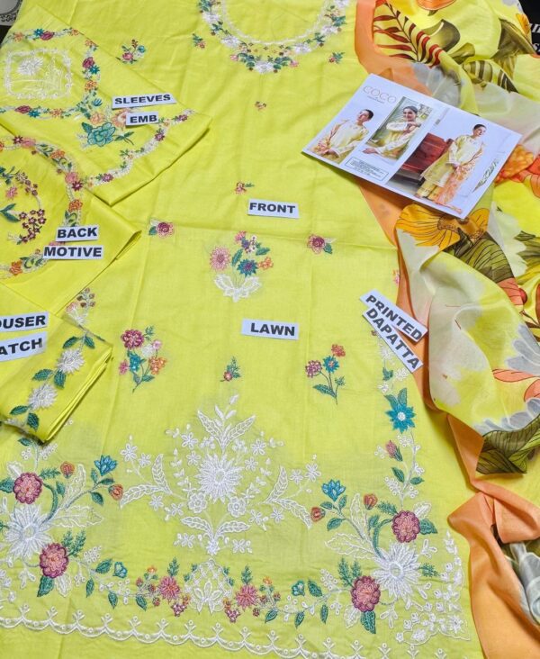 3 Pcs Women's Unstitched Embroidered Lawn Suit – Elegant Yellow with Digital Print Dupatta