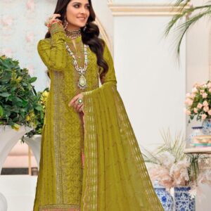 3 Pcs Women's Unstitched Viscose Plain Suit – Elegant Embroidered Green Outfit