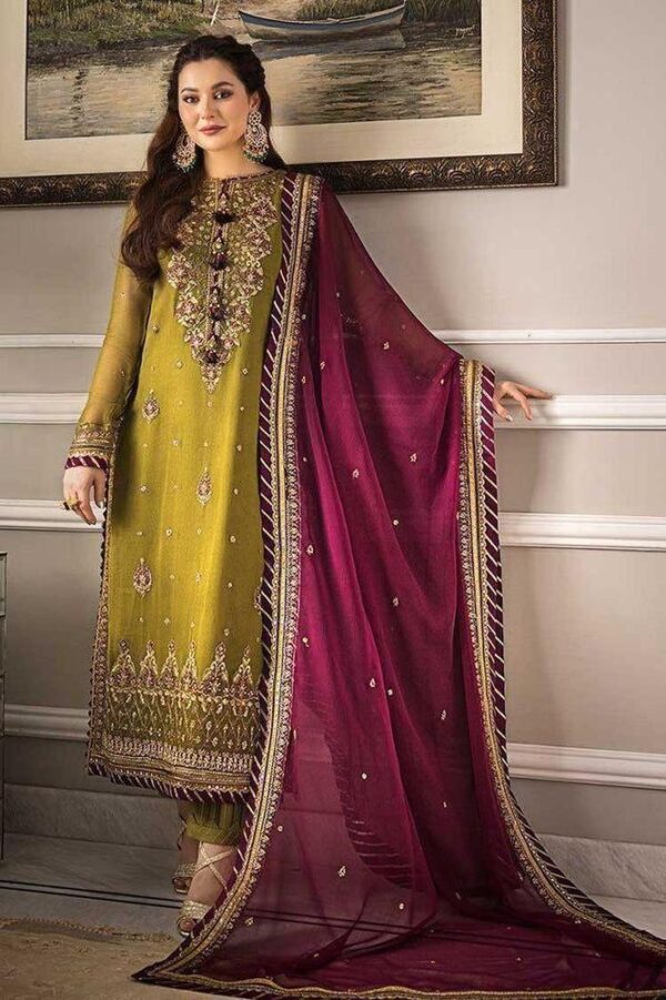 3 Pcs Women's Unstitched Chiffon Embroidered Suit – Elegant Yellow with Sequins Detailing