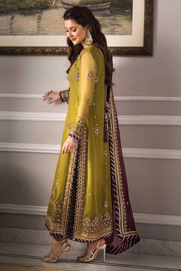 3 Pcs Women's Unstitched Chiffon Embroidered Suit – Elegant Yellow with Sequins Detailing