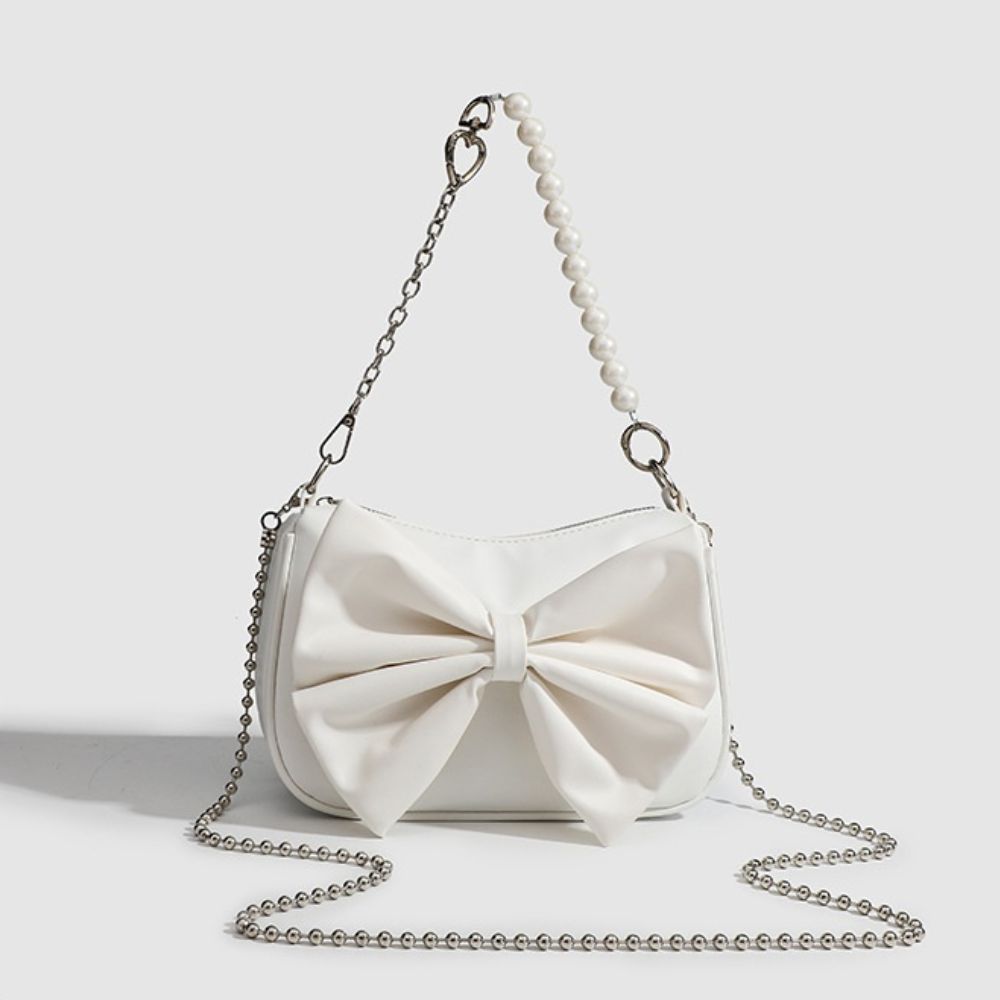 Black & White PU Leather Bow Handbag – Winter Shoulder Tote with Pearl Chain