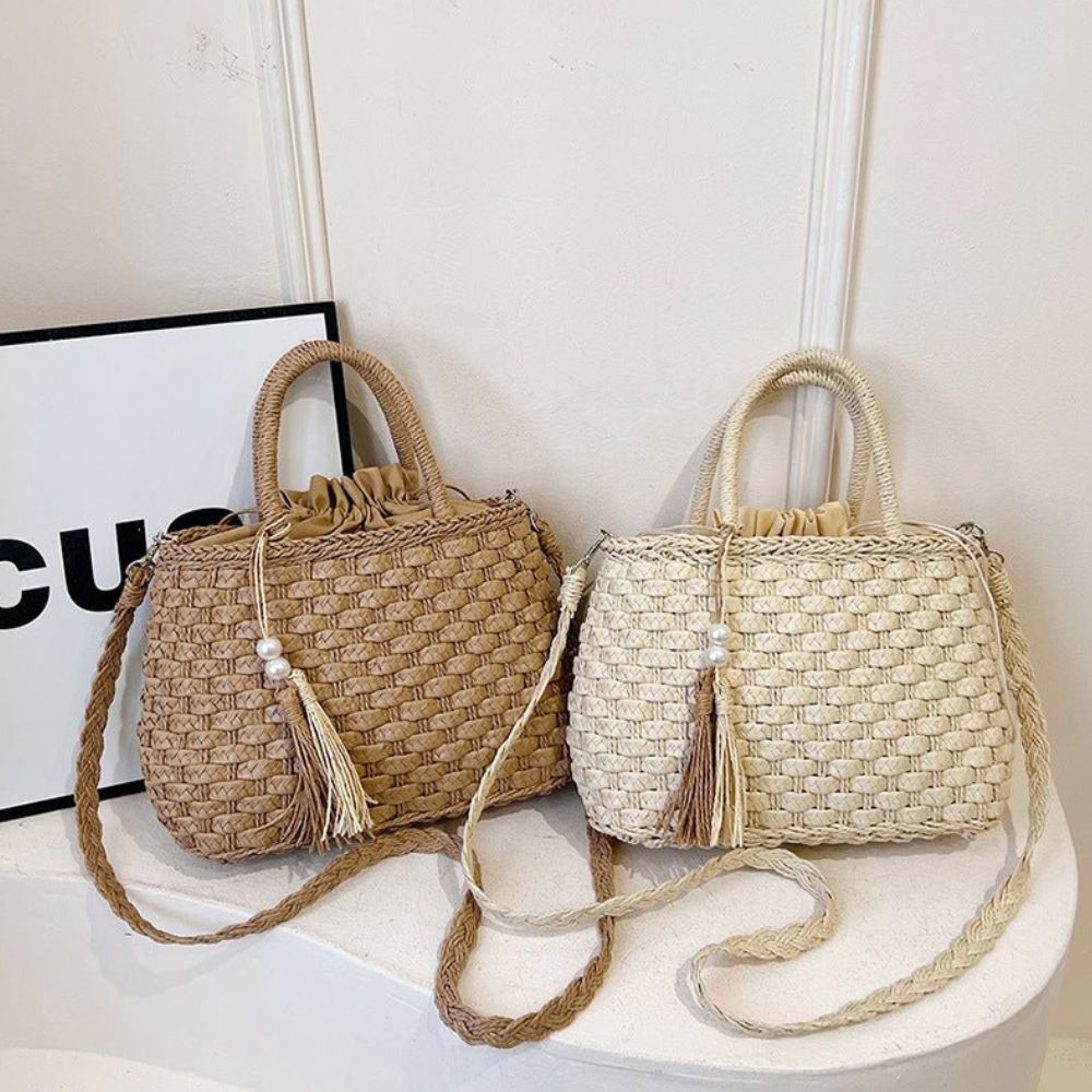 Woven Straw Handbag for Women – Trendy Summer-Style Square Bag (Khaki, Milky White)